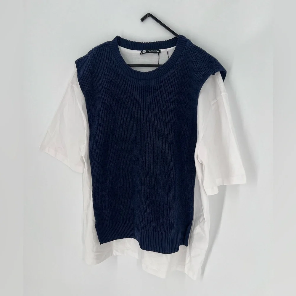 Zara Knit Sweater Contrasting Overlay Mixed Shirt Sweater Layered Bib Vest